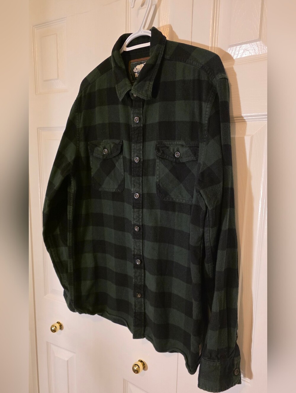 Roots Dark Green Plaid Button-Up Cotton Flannel Shirt with Black Elbow Patches L